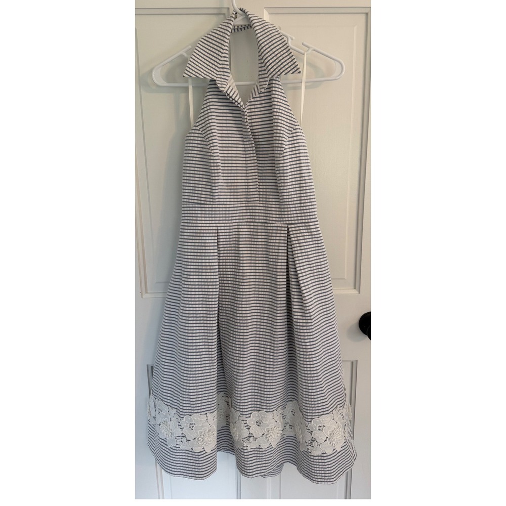 Eliza J Blue White Striped Halter Fit Flare Dress Floral‎ Lace Size 2